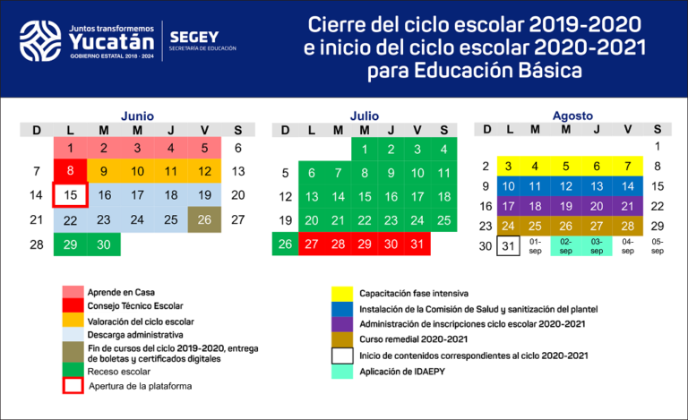 Calendario Escolar SEGEY , El 24 de agosto inicia curso remedial y el 31 de ese mes comienza ciclo escolar 2020-2021.